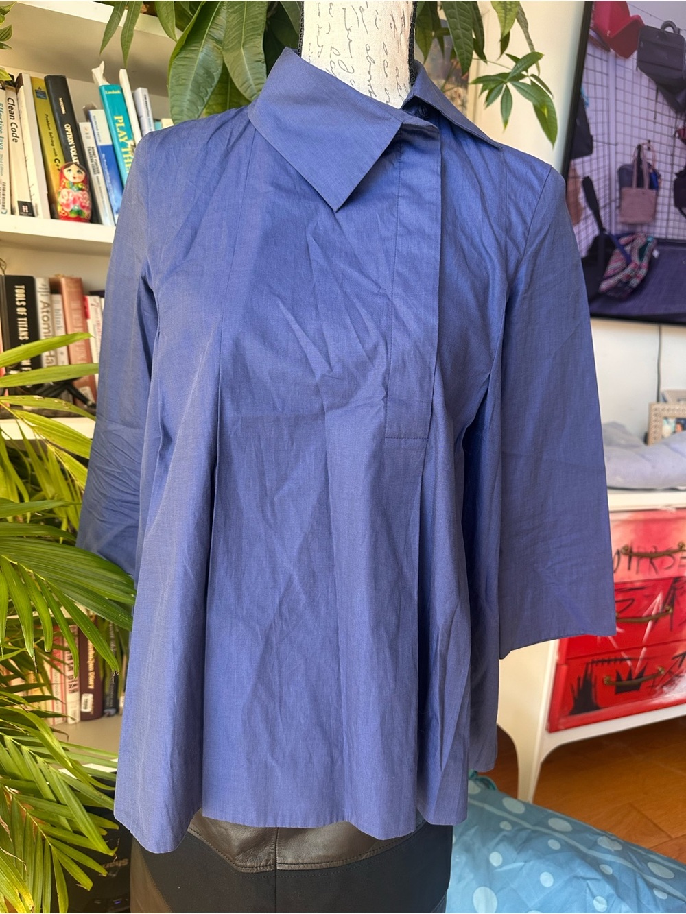 Blue Women's Collared Pleated Top